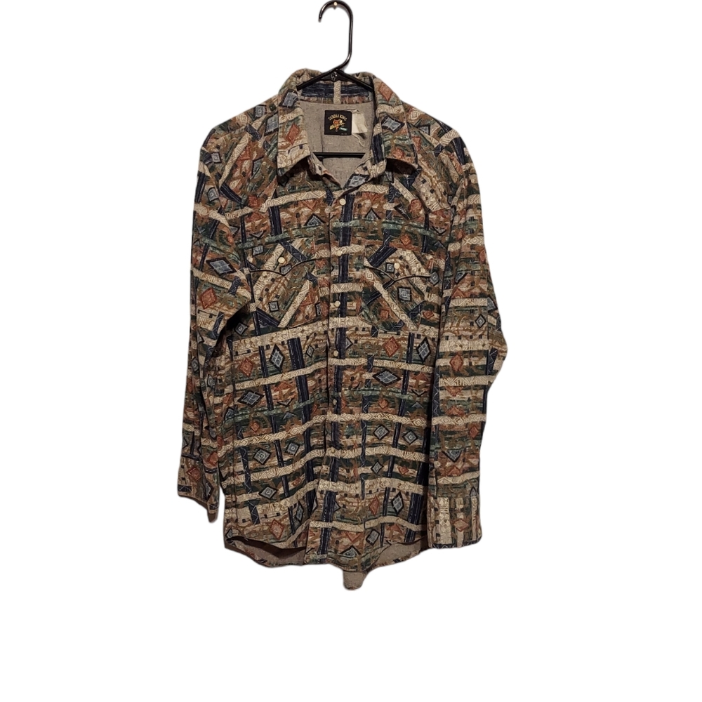 Vintage Saddle King Western Tribal Pearl Snap Button Shirt Size XL Made In USA